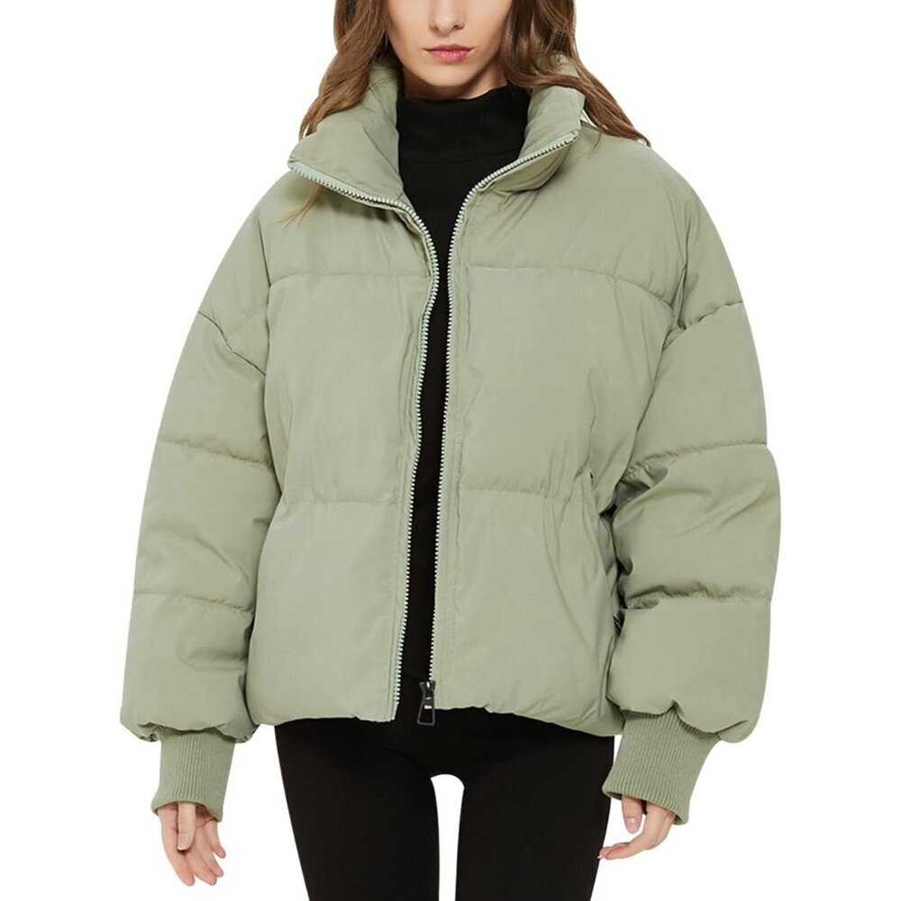 Women’s Green Winter Warm Cropped Puffer Jacket Coat Zip Pockets Short Quilted